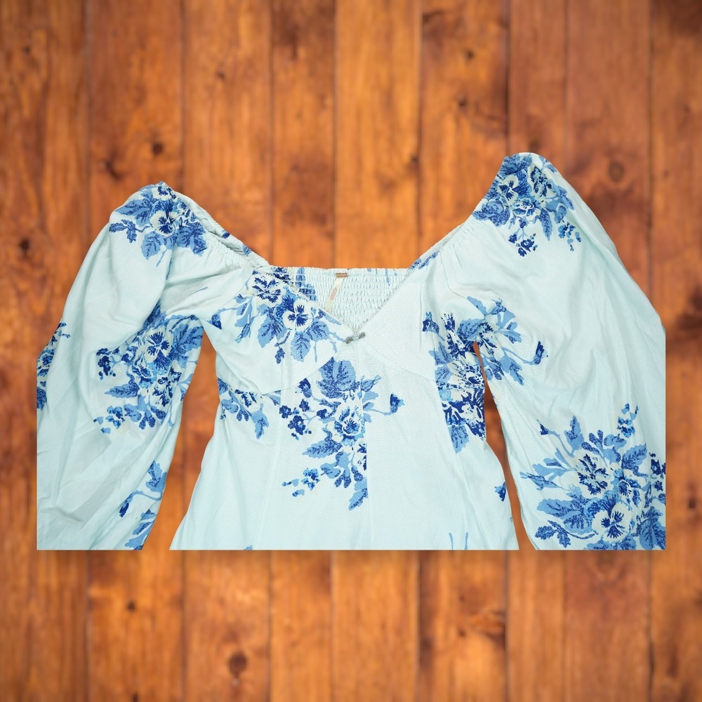 Free People‎ Francesca Mini Dress Floral Pattern Medium Balloon Sleeves EUC - Picture 7 of 12
